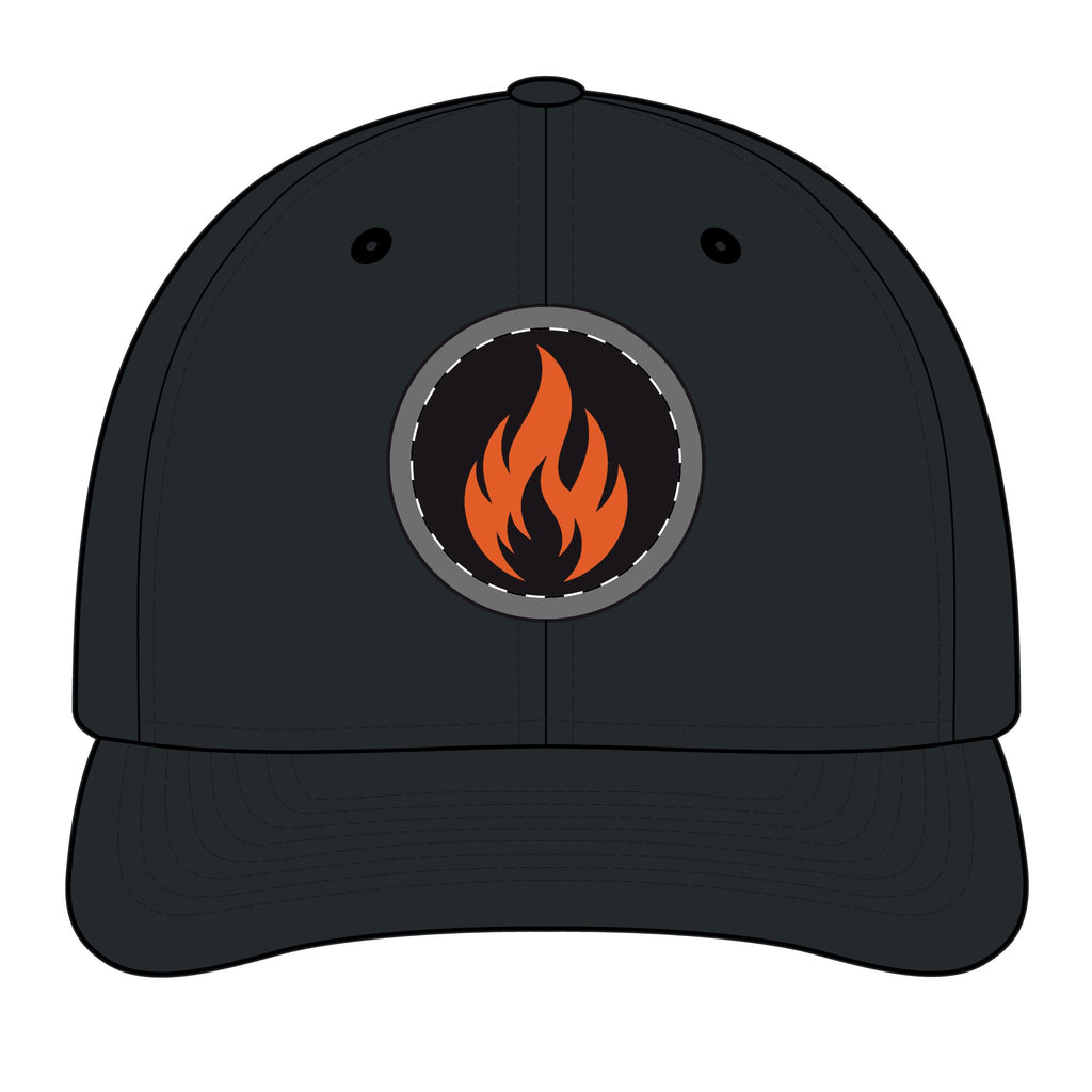 Embroidered Flame Patch Snapback Cap — Trucker Hat with Fire Logo