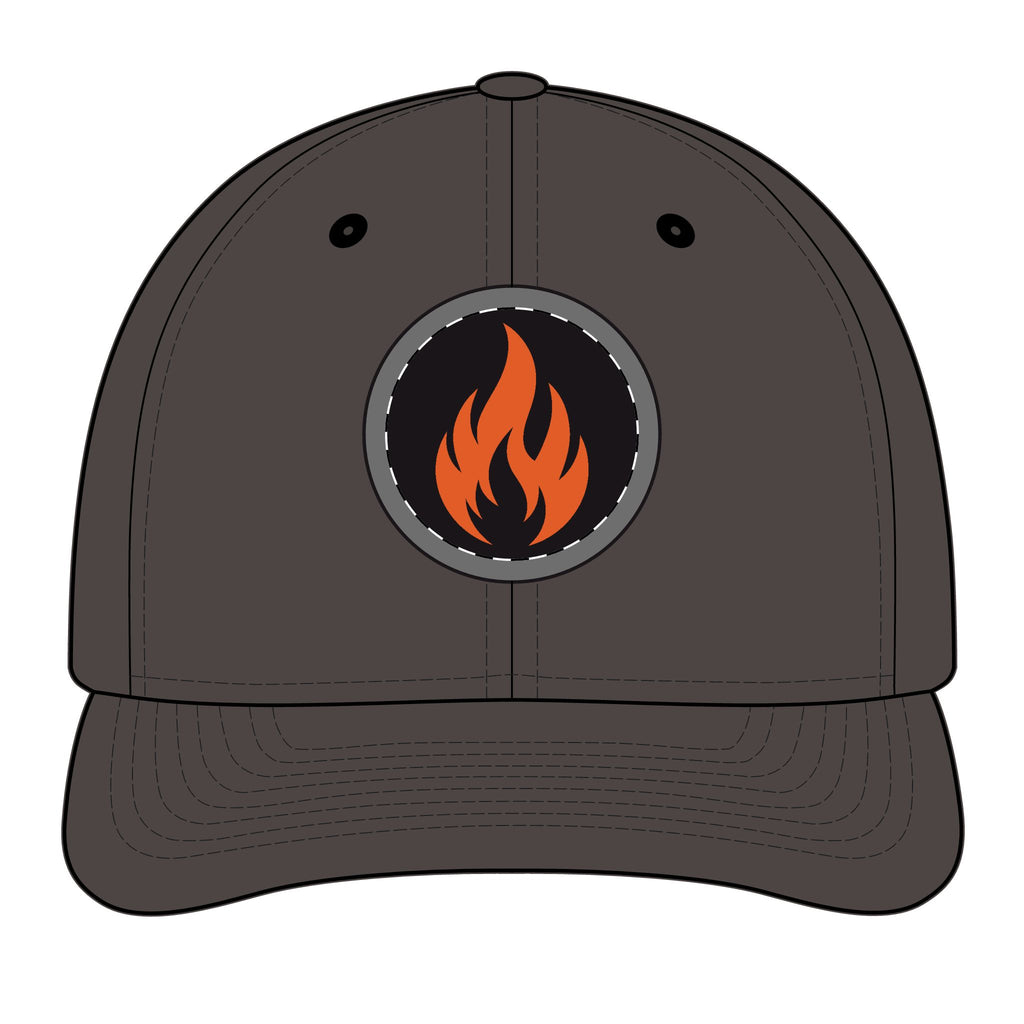 Embroidered Flame Patch Snapback Cap — Trucker Hat with Fire Logo