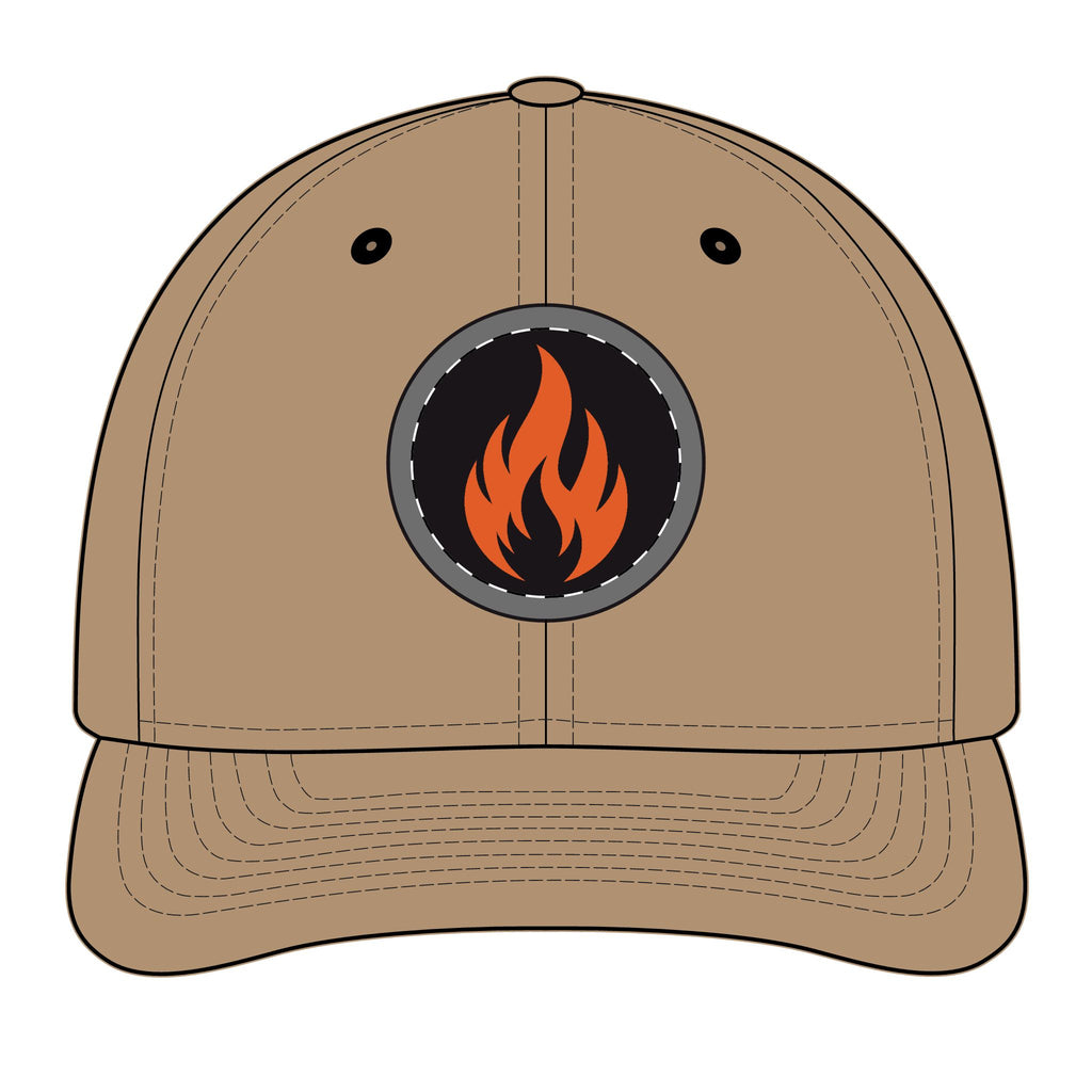 Embroidered Flame Patch Snapback Cap — Trucker Hat with Fire Logo