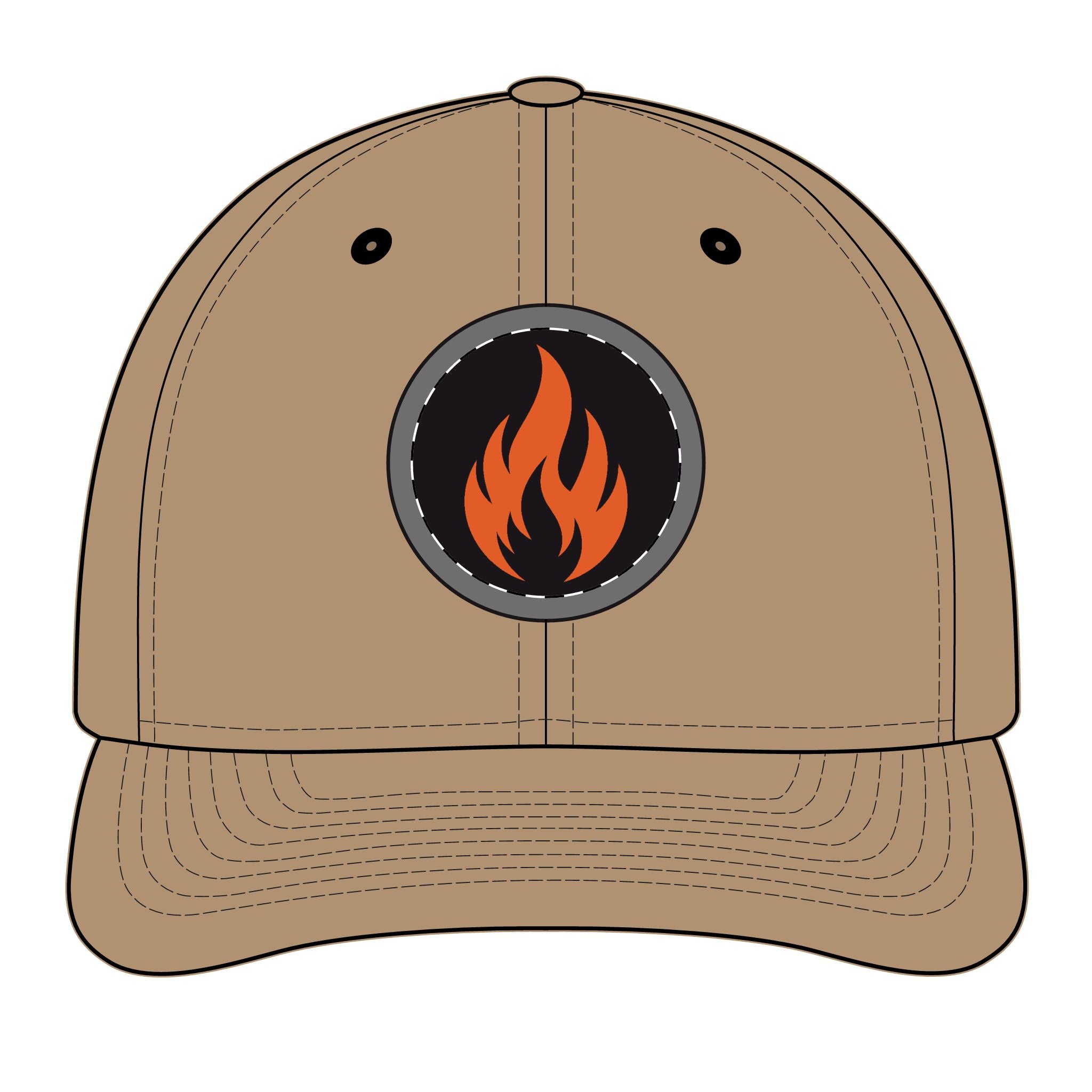 Embroidered Flame Patch Snapback Cap — Trucker Hat with Fire Logo