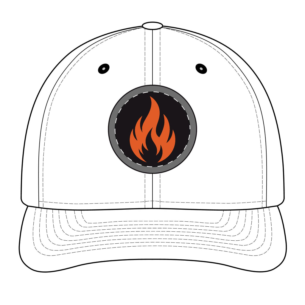 Embroidered Flame Patch Snapback Cap — Trucker Hat with Fire Logo