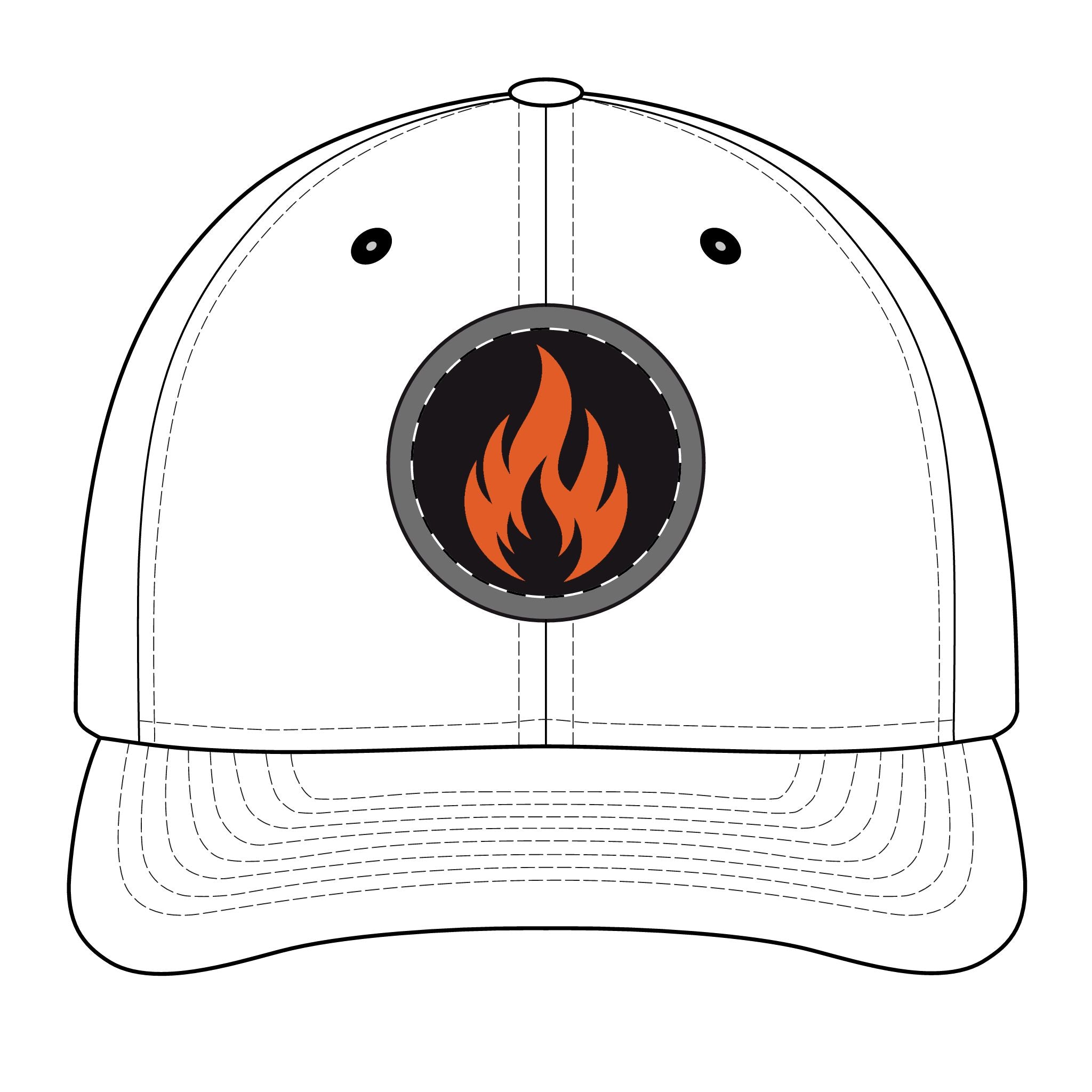 Embroidered Flame Patch Snapback Cap — Trucker Hat with Fire Logo