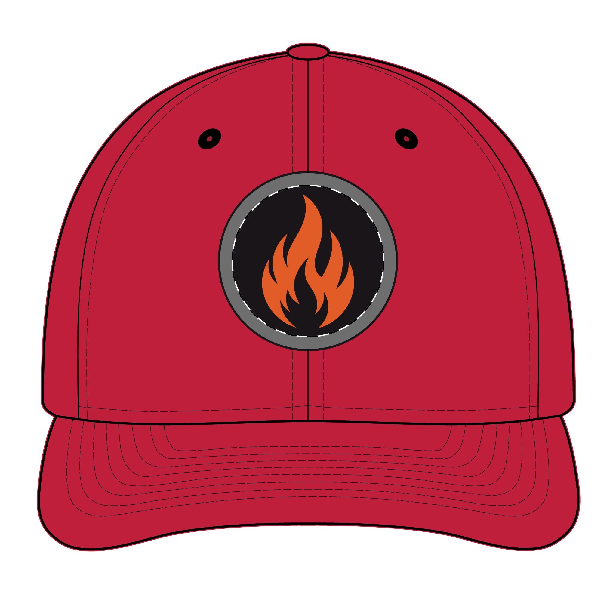 Embroidered Flame Patch Snapback Cap — Trucker Hat with Fire Logo