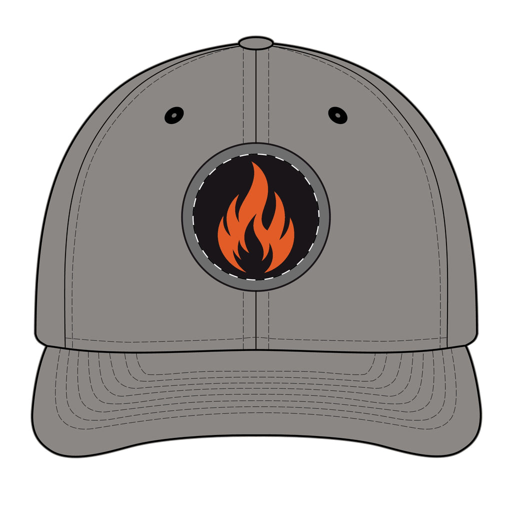 Embroidered Flame Patch Snapback Cap — Trucker Hat with Fire Logo