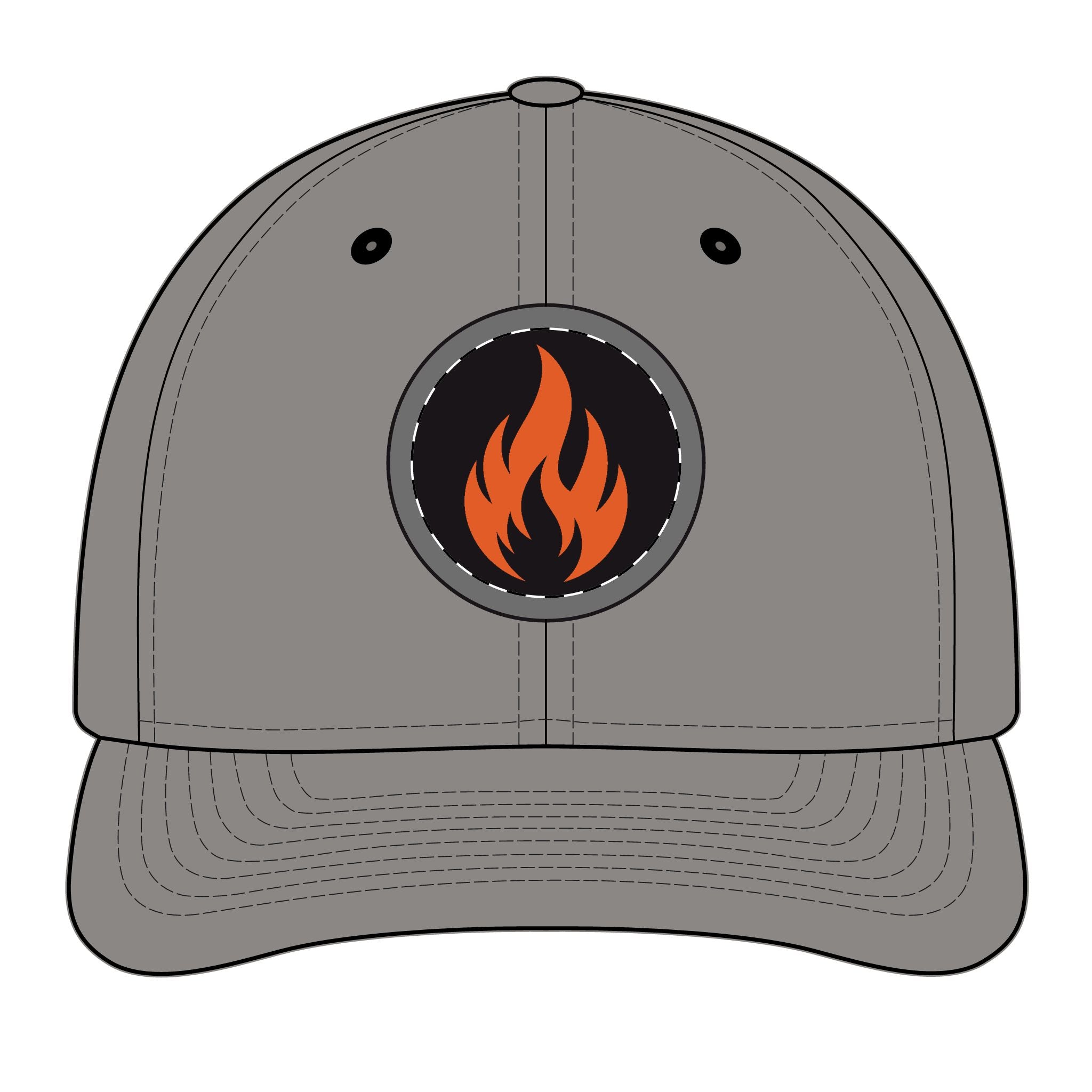 Embroidered Flame Patch Snapback Cap — Trucker Hat with Fire Logo