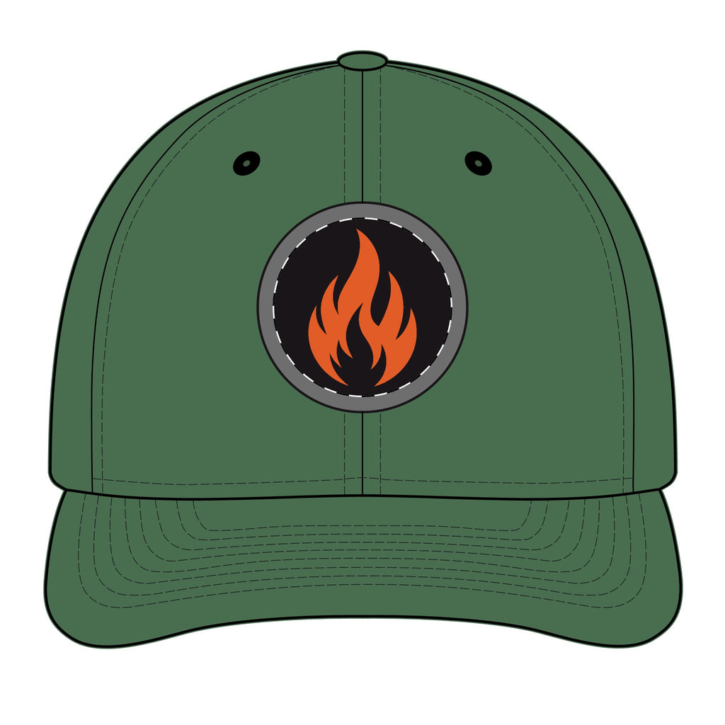 Embroidered Flame Patch Snapback Cap — Trucker Hat with Fire Logo