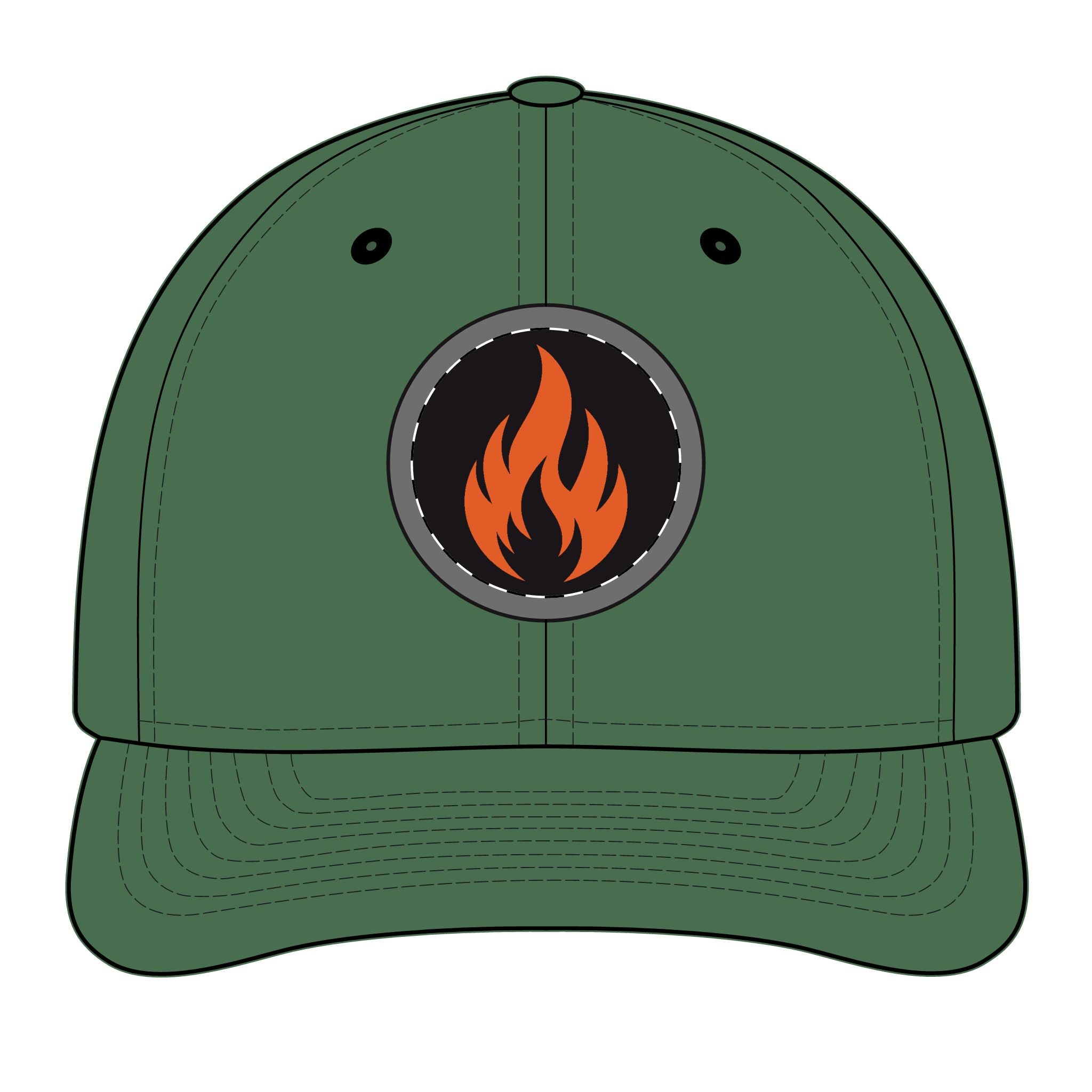 Embroidered Flame Patch Snapback Cap — Trucker Hat with Fire Logo