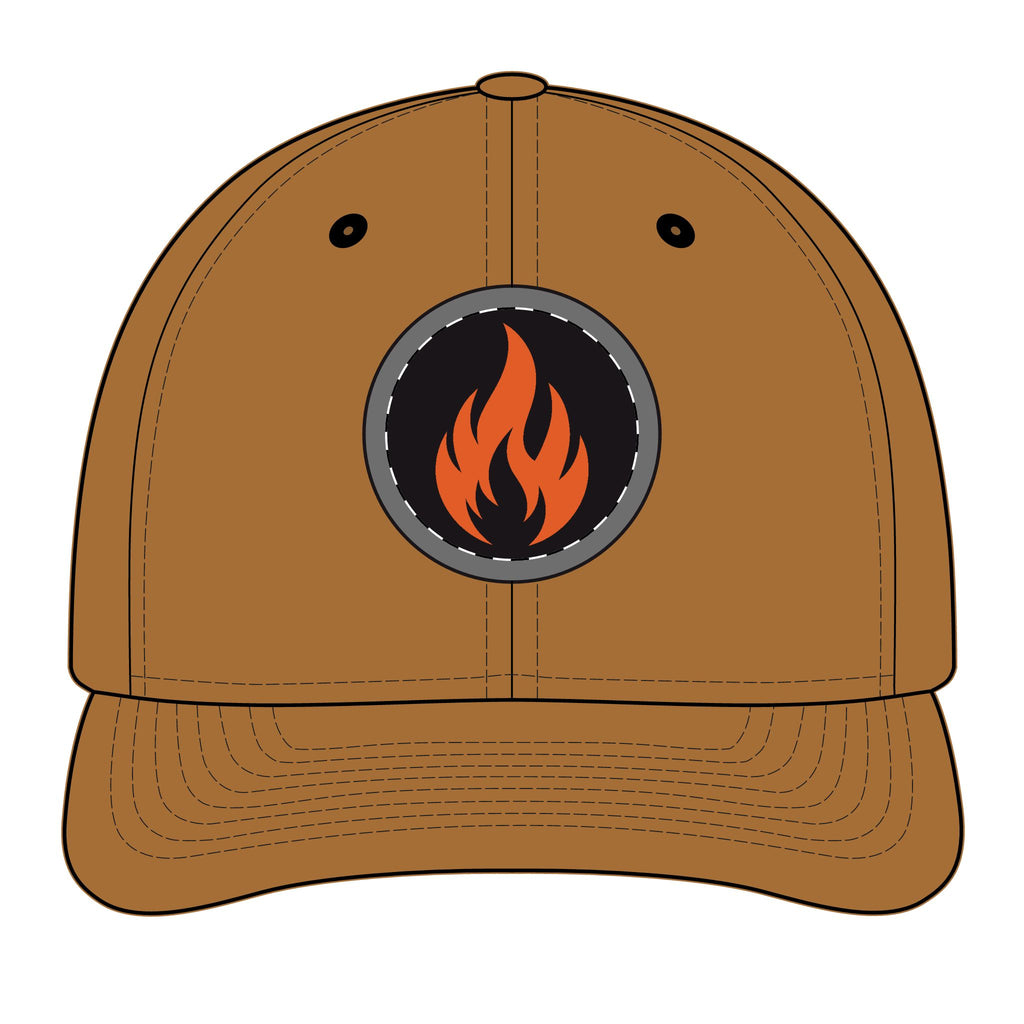 Embroidered Flame Patch Snapback Cap — Trucker Hat with Fire Logo