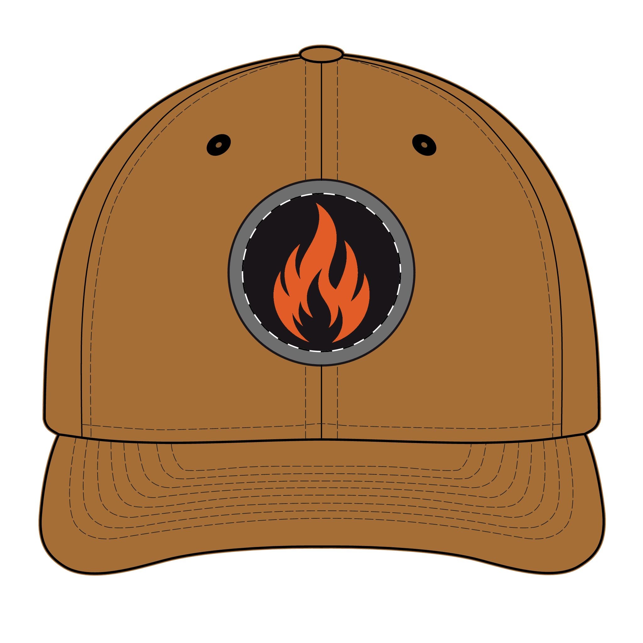 Embroidered Flame Patch Snapback Cap — Trucker Hat with Fire Logo