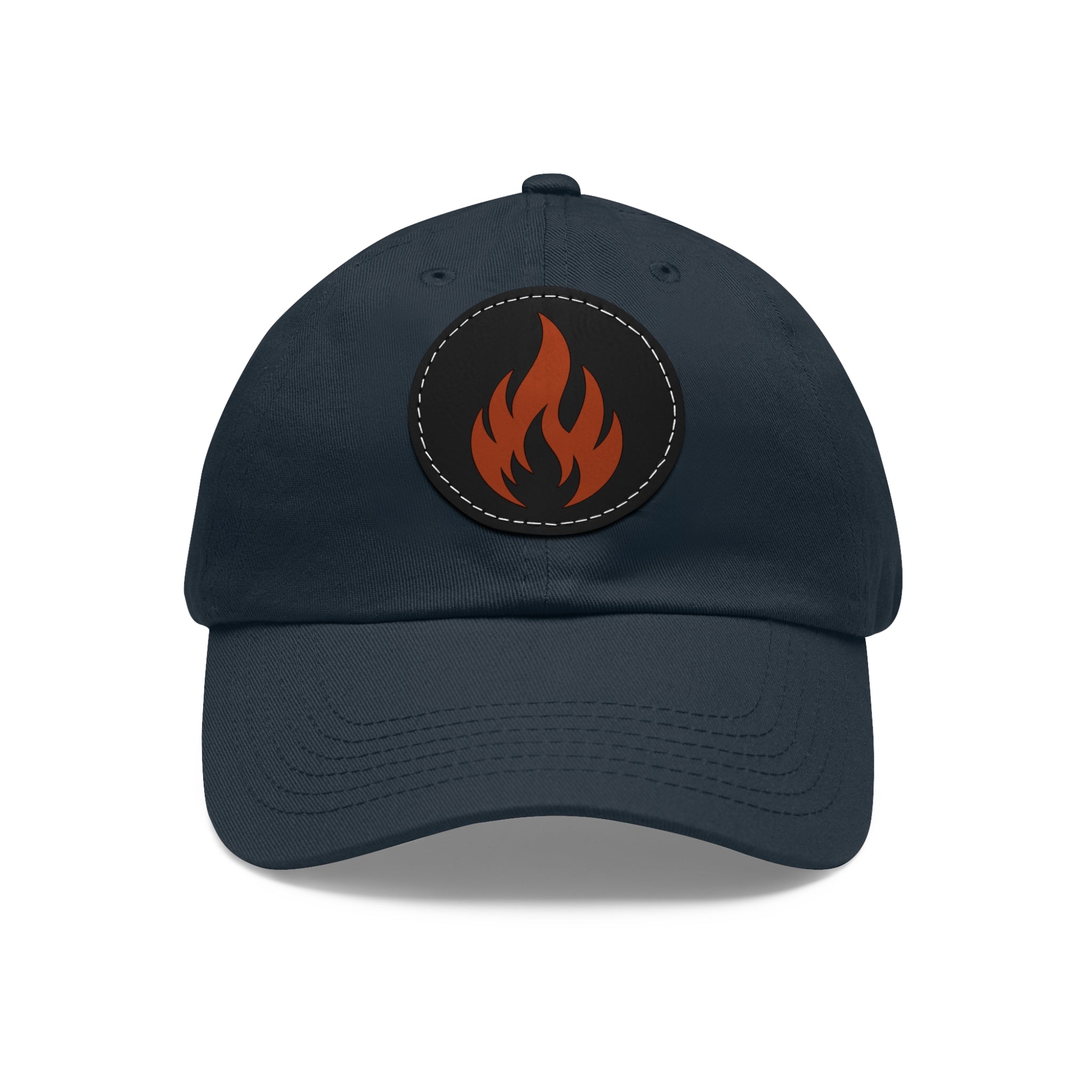 Flame Patch Dad Hat — Leather Round Patch Fire Logo Cap
