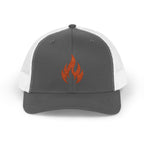 Embroidered Flame Trucker Cap — Orange Glitter Fire Patch Snapback