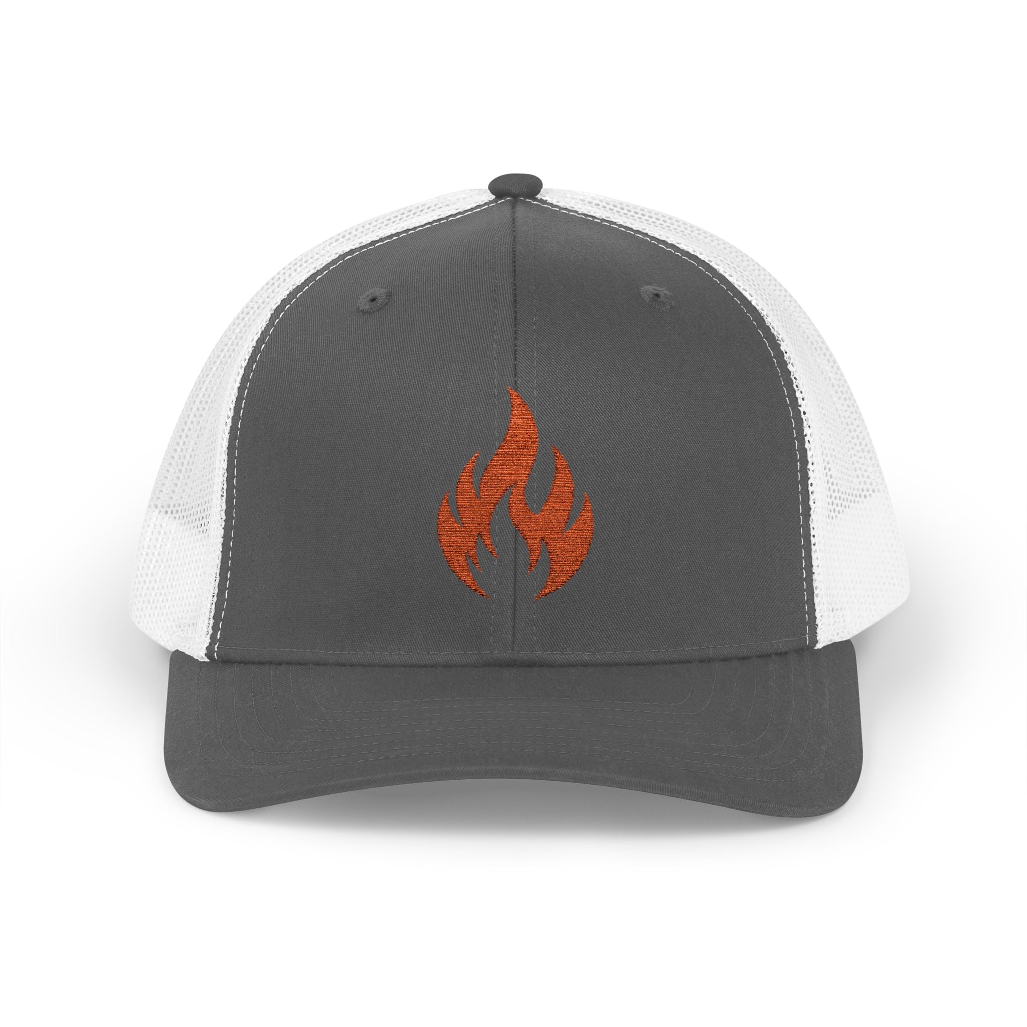 Embroidered Flame Trucker Cap — Orange Glitter Fire Patch Snapback