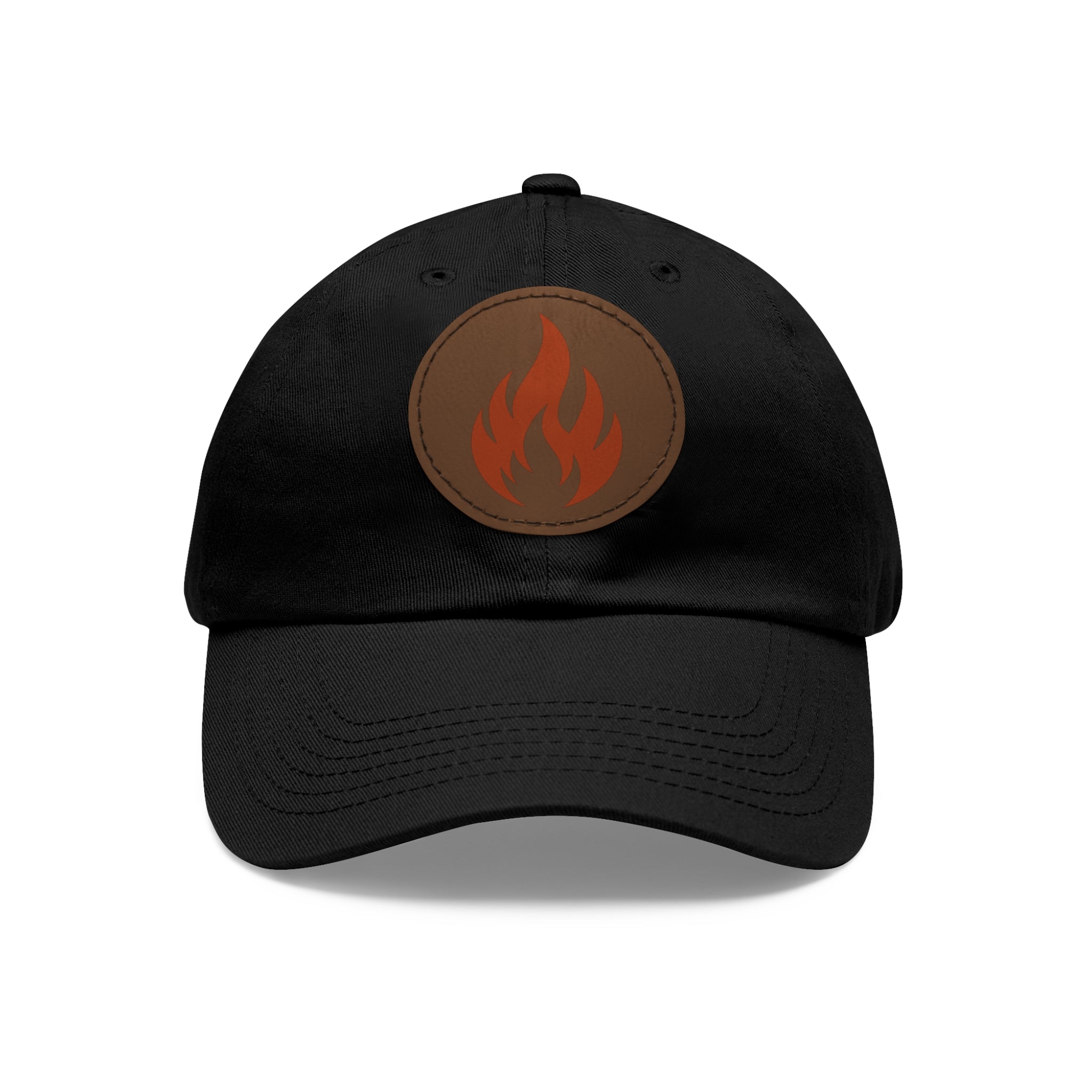 Flame Patch Dad Hat — Leather Round Patch Fire Logo Cap