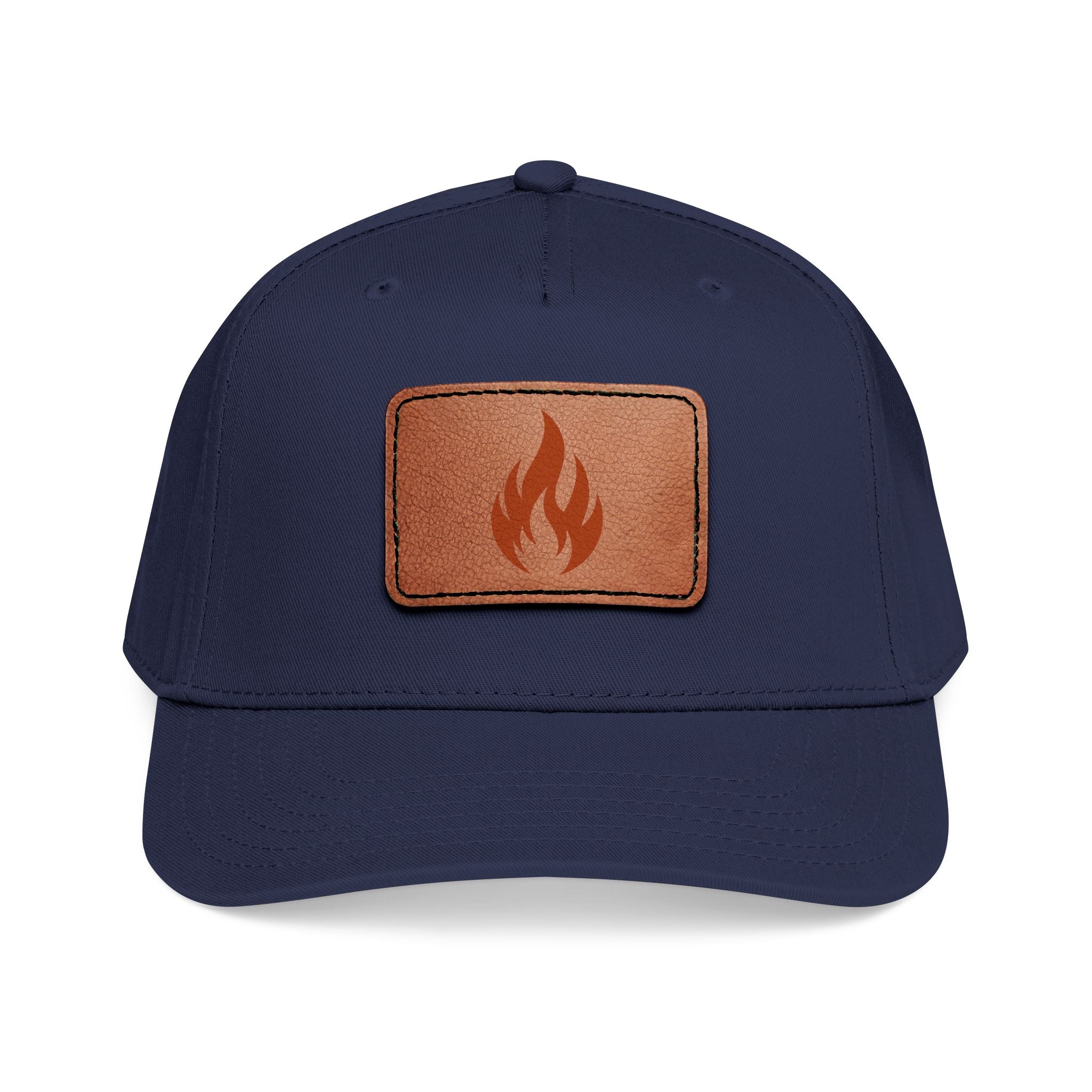 Leather Patch Flame Baseball Cap — Mid Profile Adjustable Hat