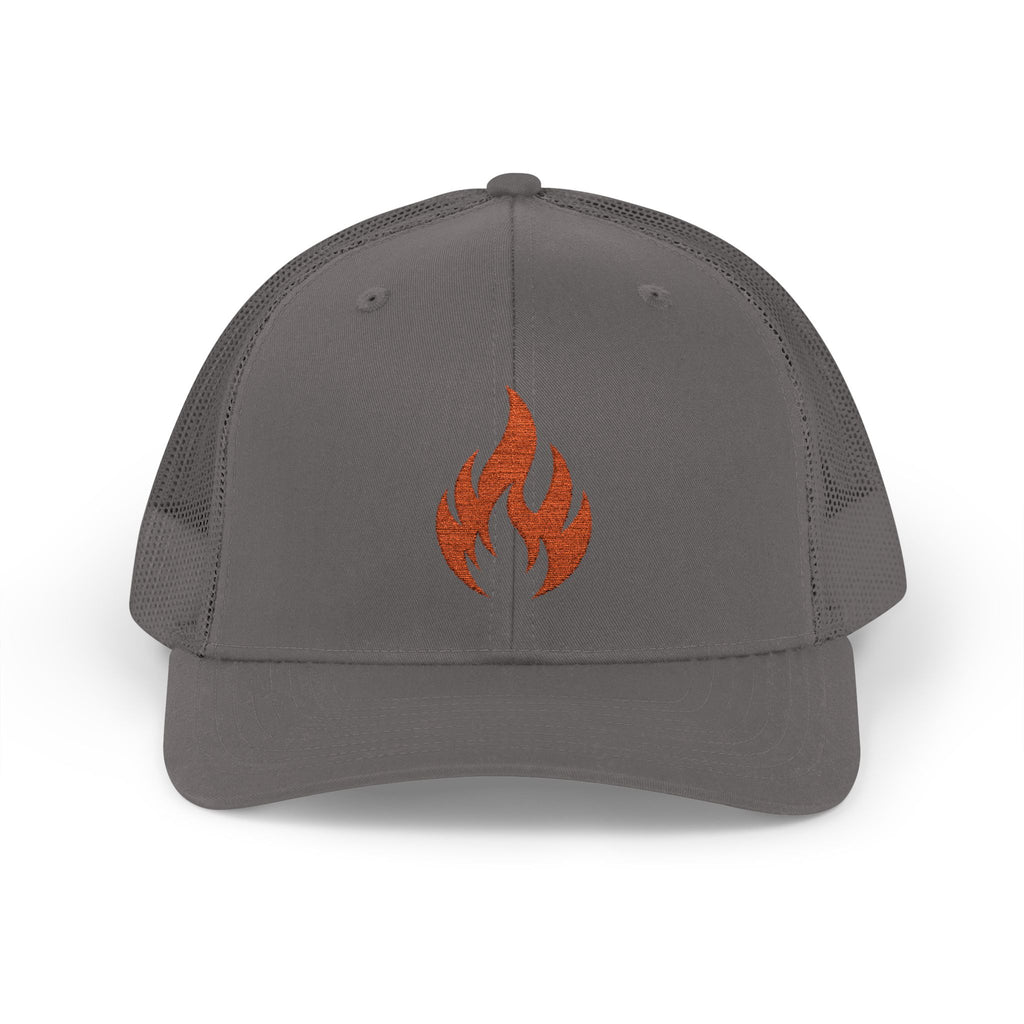 Embroidered Flame Trucker Cap — Orange Glitter Fire Patch Snapback