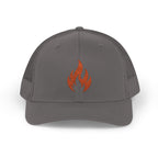 Embroidered Flame Trucker Cap — Orange Glitter Fire Patch Snapback