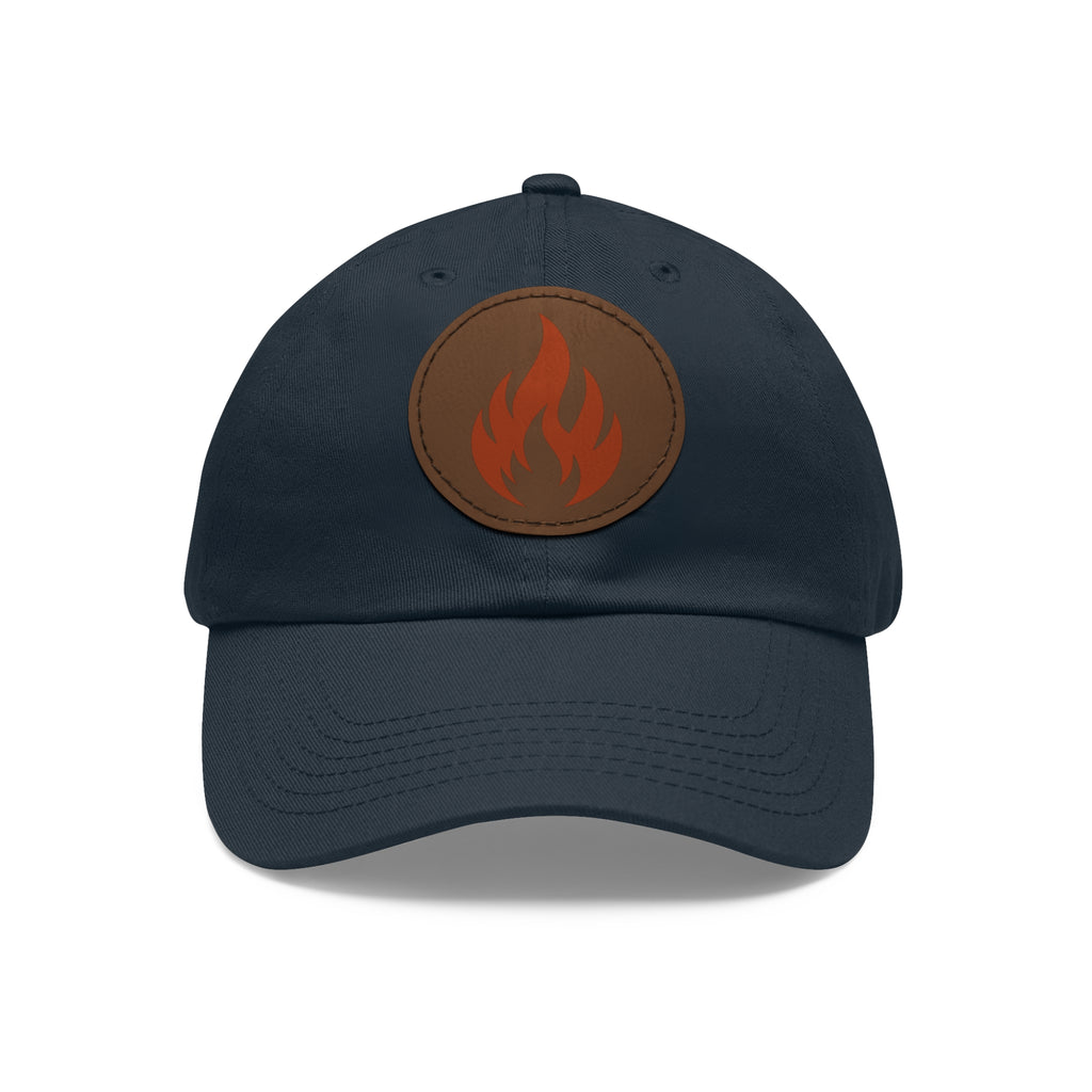 Flame Patch Dad Hat — Leather Round Patch Fire Logo Cap