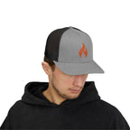 Embroidered Flame Trucker Cap — Orange Glitter Fire Patch Snapback