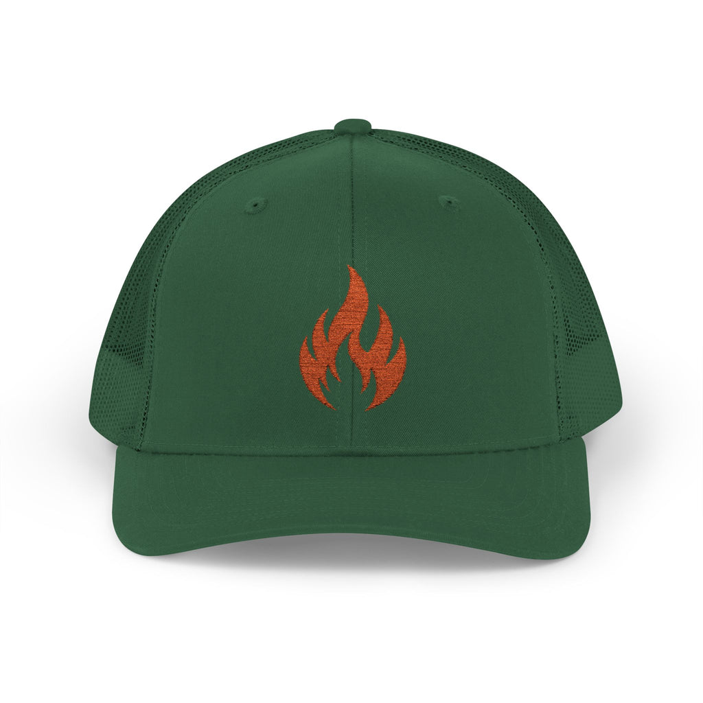 Embroidered Flame Trucker Cap — Orange Glitter Fire Patch Snapback
