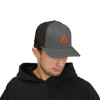 Embroidered Flame Trucker Cap — Orange Glitter Fire Patch Snapback