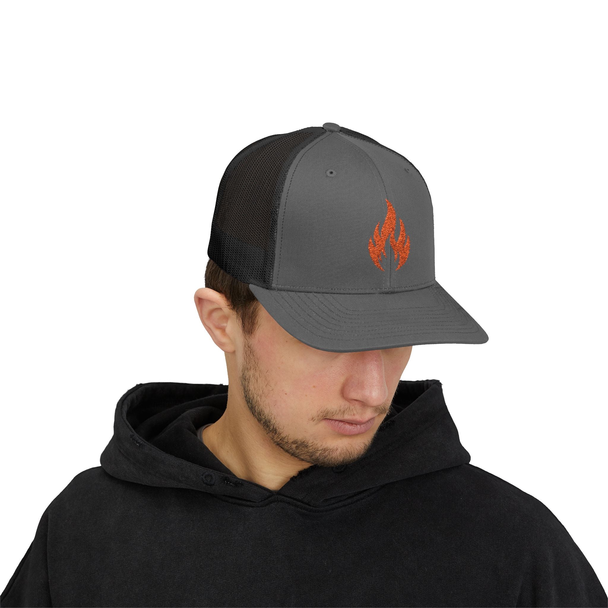 Embroidered Flame Trucker Cap — Orange Glitter Fire Patch Snapback