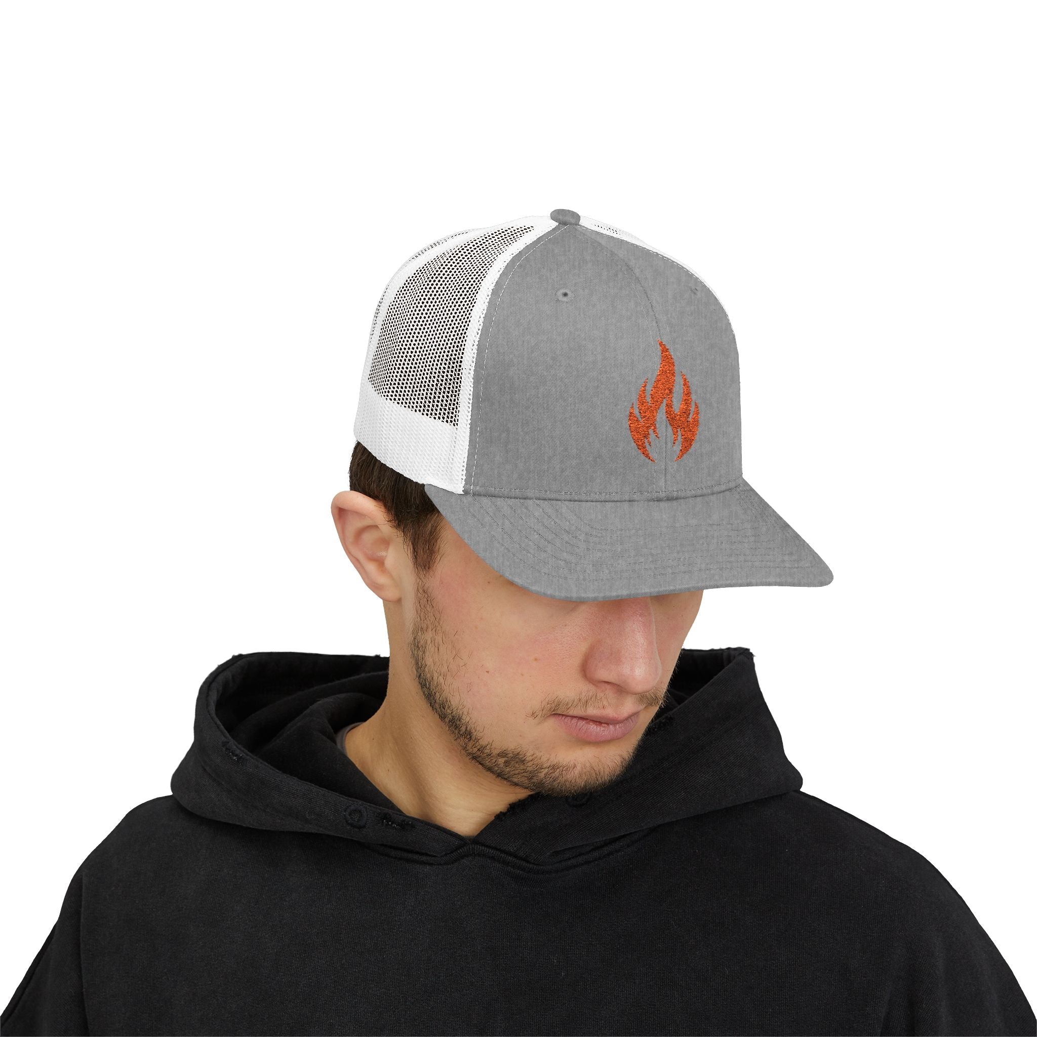 Embroidered Flame Trucker Cap — Orange Glitter Fire Patch Snapback