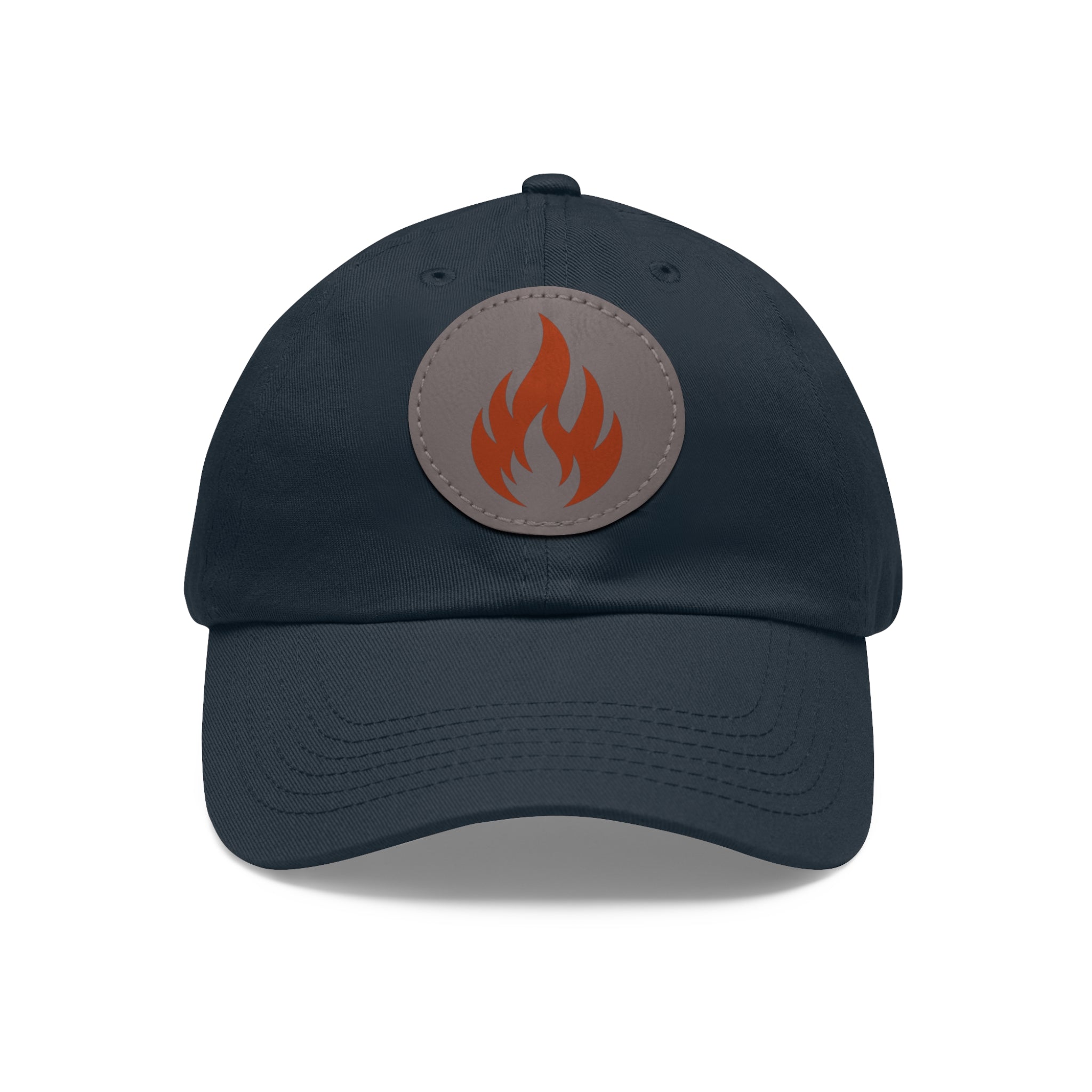 Flame Patch Dad Hat — Leather Round Patch Fire Logo Cap