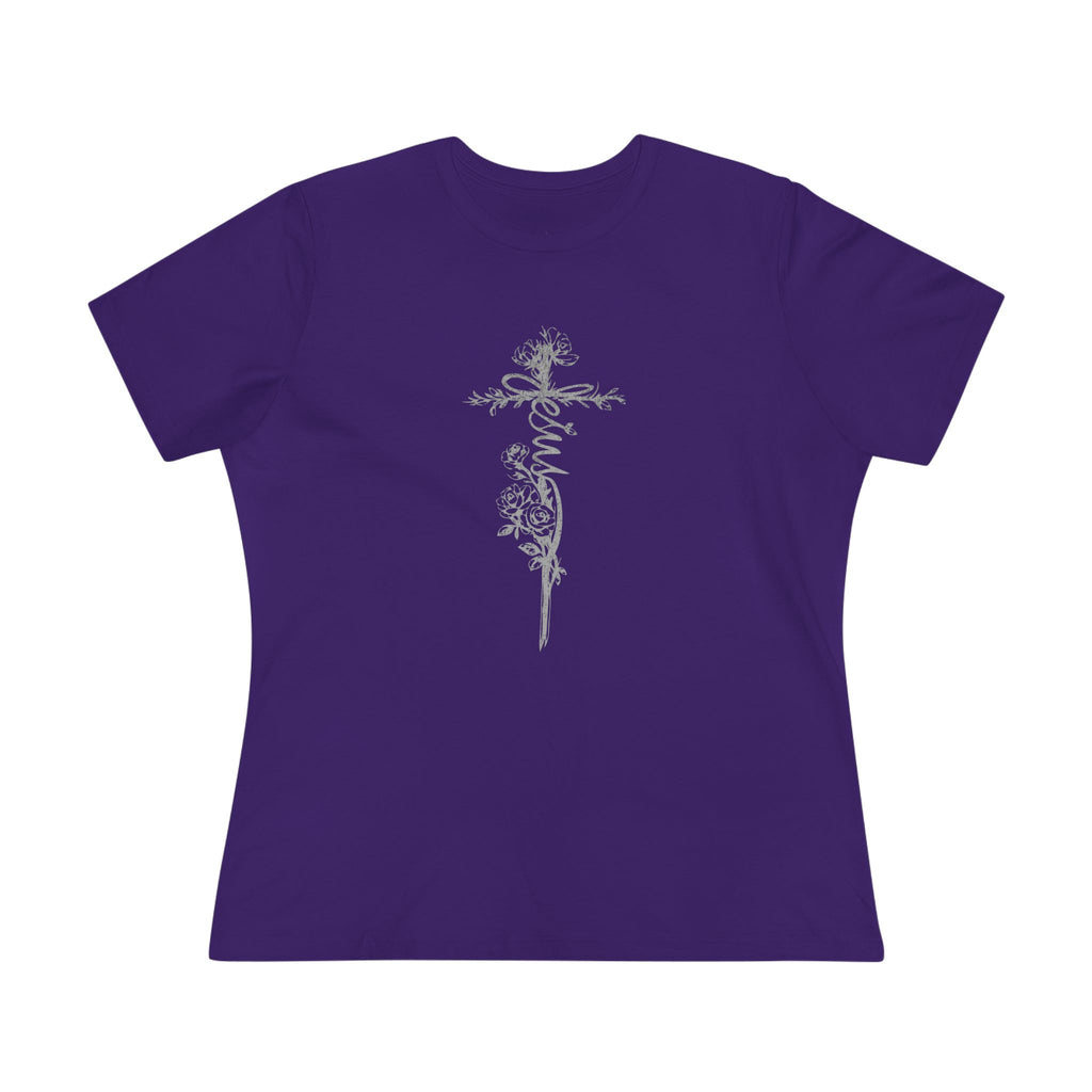 Women's Floral Cross Cotton Tee — Delicate Vine Cross Graphic