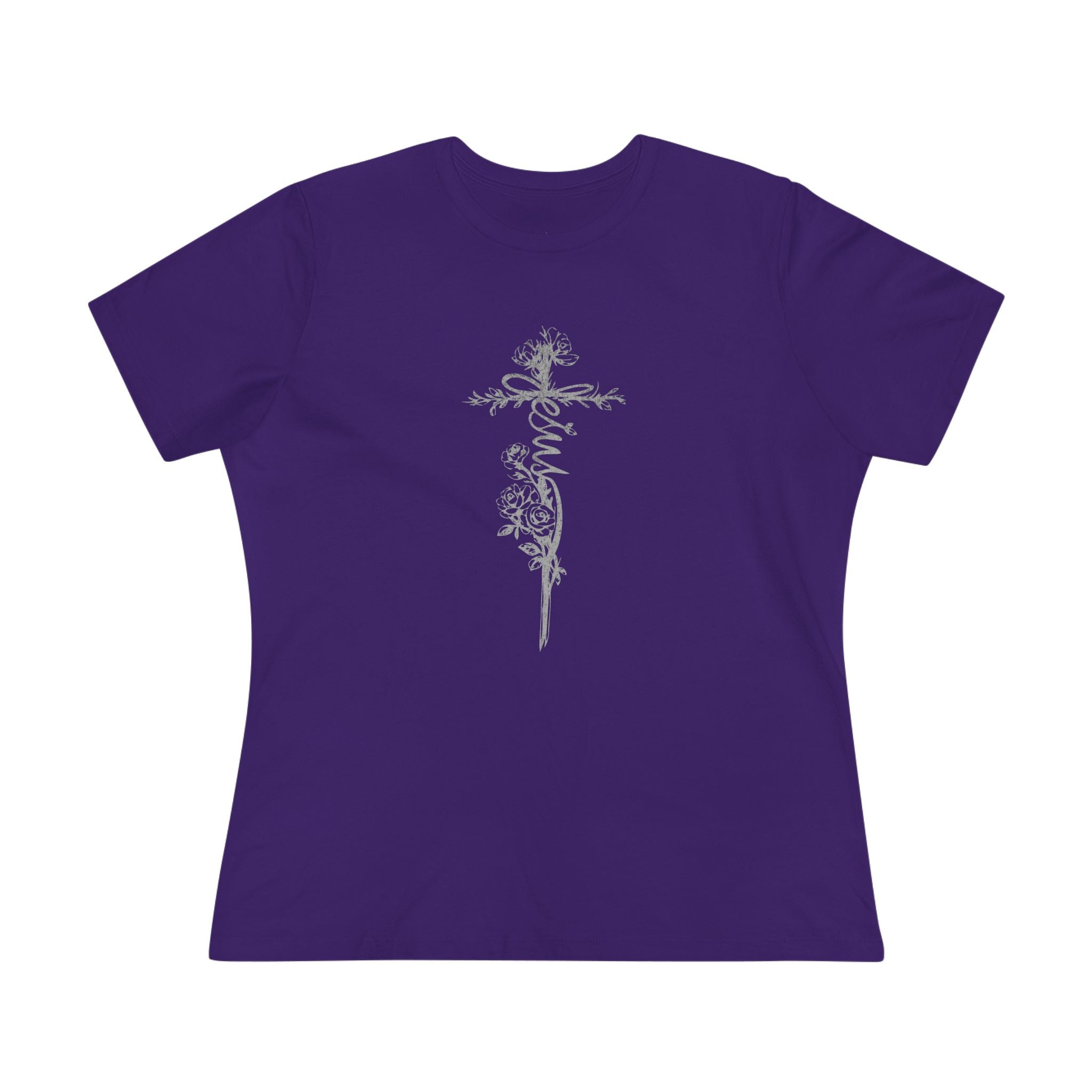 Women's Floral Cross Cotton Tee — Delicate Vine Cross Graphic