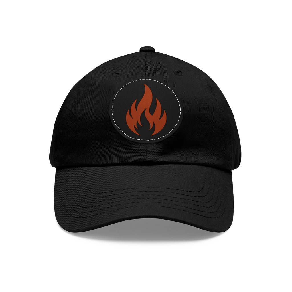 Flame Patch Dad Hat — Leather Round Patch Fire Logo Cap