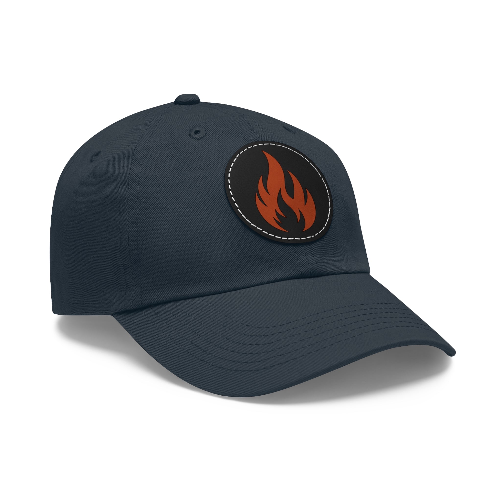 Flame Patch Dad Hat — Leather Round Patch Fire Logo Cap