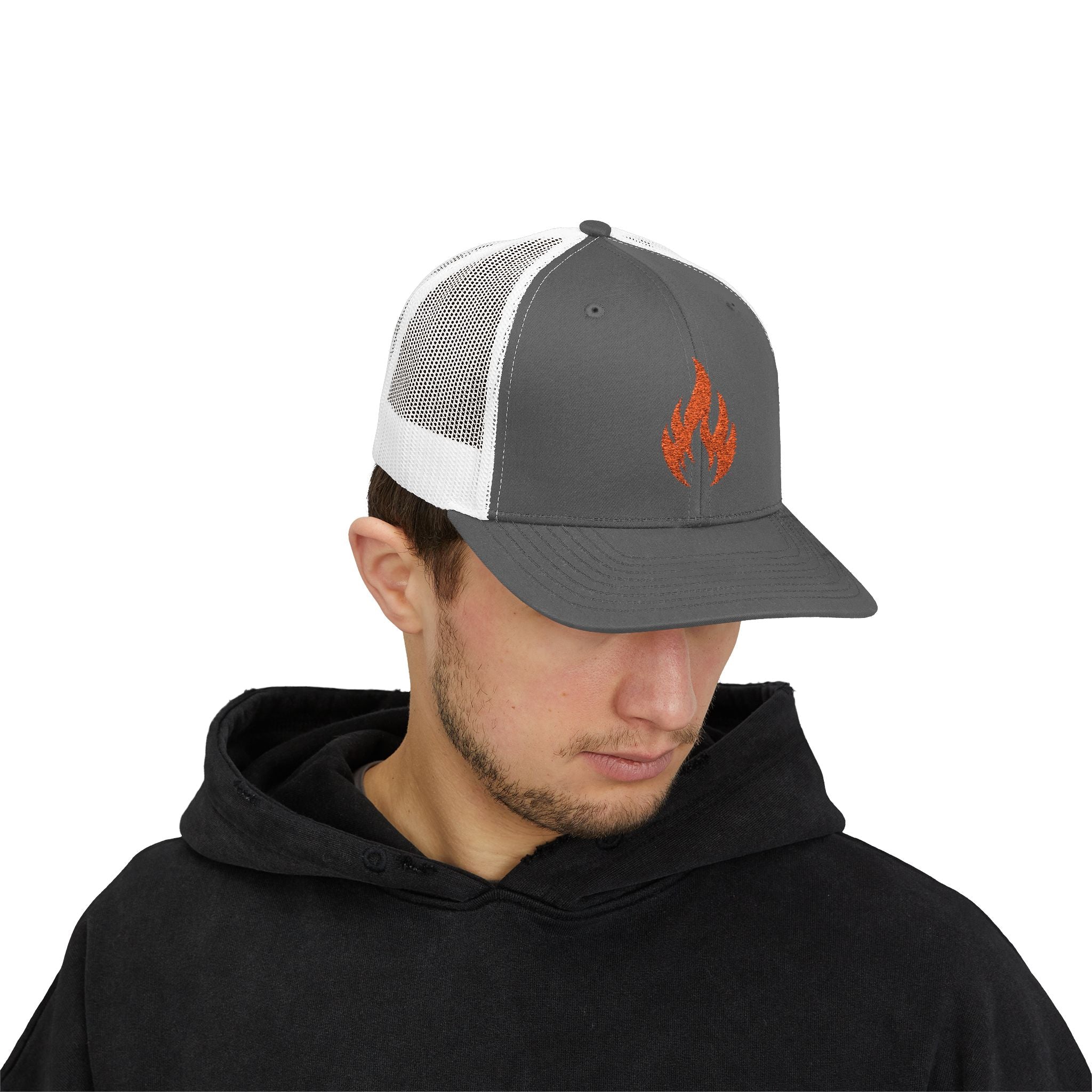 Embroidered Flame Trucker Cap — Orange Glitter Fire Patch Snapback