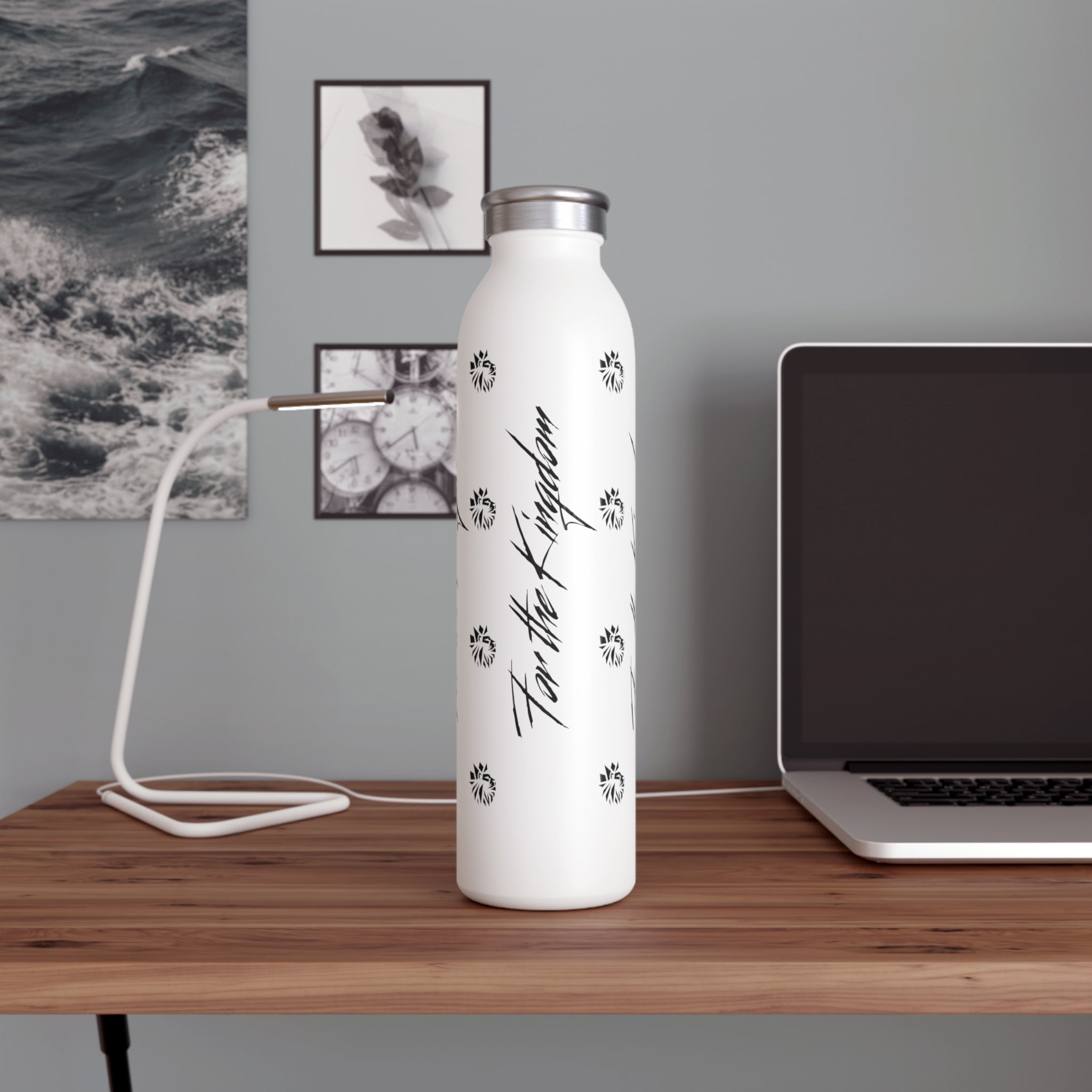 Slim Water Bottle — Black Floral Lion of Judah Pattern Insulated Bottle