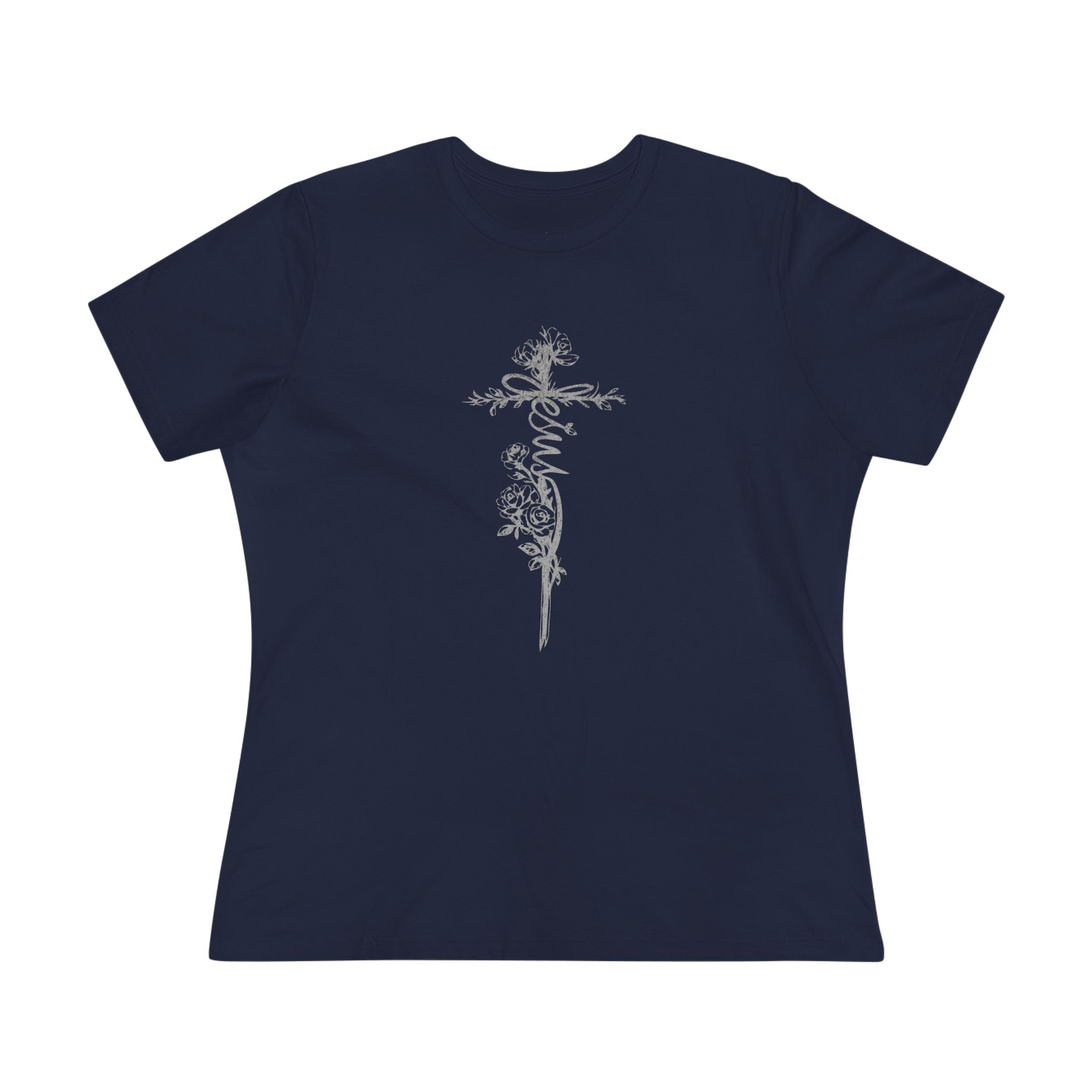 Women's Floral Cross Cotton Tee — Delicate Vine Cross Graphic