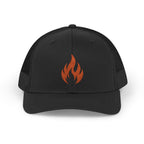 Embroidered Flame Trucker Cap — Orange Glitter Fire Patch Snapback