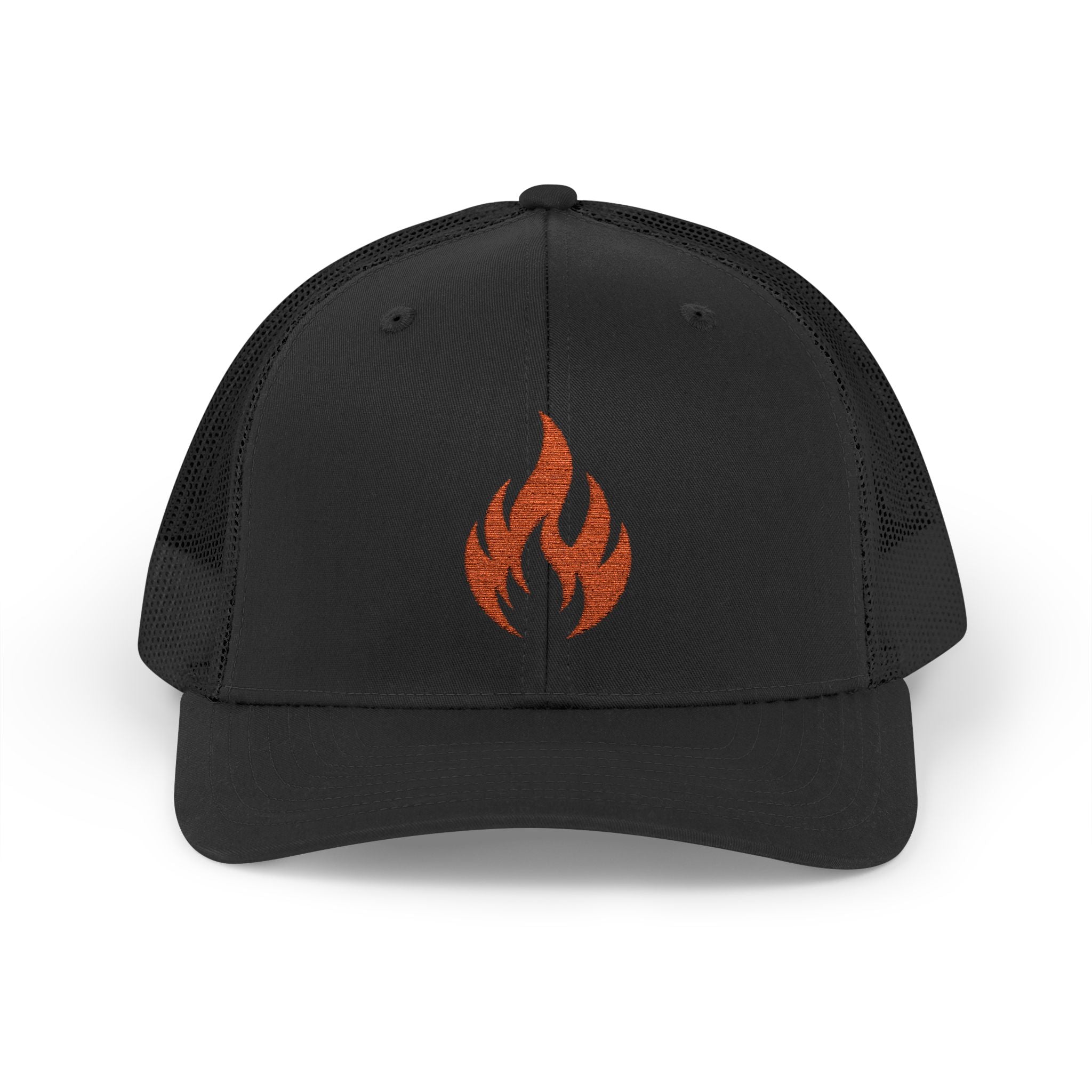 Embroidered Flame Trucker Cap — Orange Glitter Fire Patch Snapback